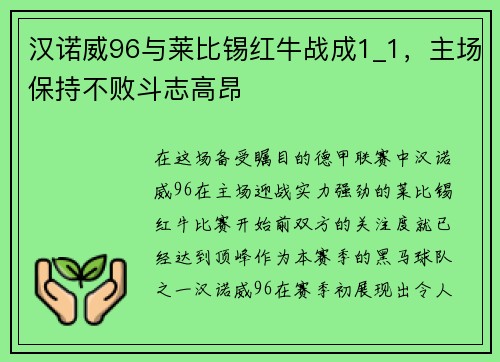汉诺威96与莱比锡红牛战成1_1，主场保持不败斗志高昂